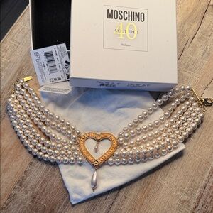 Moschino Gold and Pearl Heart Choker